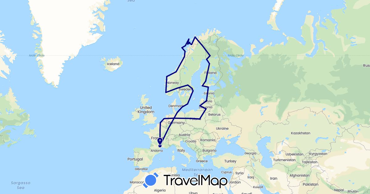 TravelMap itinerary: driving in Belgium, Germany, Estonia, Finland, France, Lithuania, Latvia, Netherlands, Norway, Poland, Sweden (Europe)